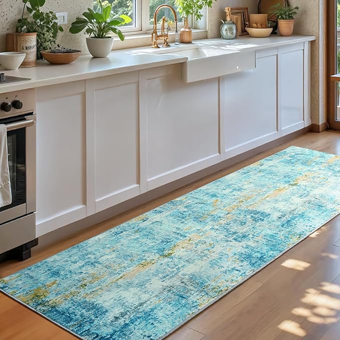 Runner Rug for Kitchen Teal Blue Hallways Runner Rug Non Slip 2'6''x8' Washable Long Runner Rugs with Rubber Backing Soft Abstract Carpet Runner for Entryway, Kitchen, Bedroom, Bathroom