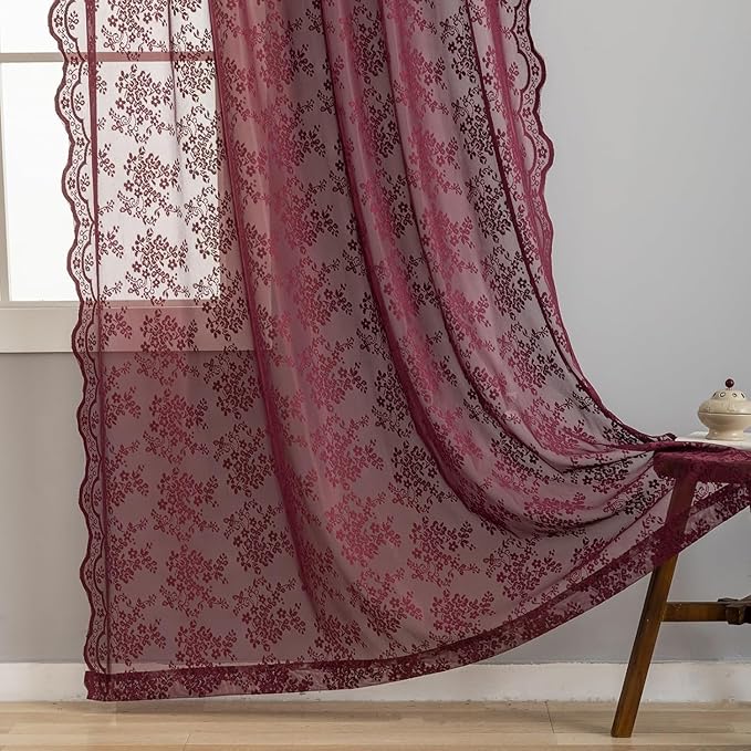 YJ YANJUN Vintage Lace Curtains 108 Inches Long-Victorian Floral Pattern Burgundy Red Sheer Curtain Panels for Living Room Bedroom Farmhouse Wine Winter Voile Window Drapes 52" W x 108" L 2 Panels