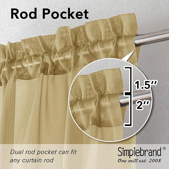 Simplebrand Gold Sheer Curtains 96 Inches Long 2 Panels, Light Filtering Rod Pocket Solid Color Window Sheer Curtain Panels, Elegant Curtains & Drapes for Living Room, Bedroom, 42" W x 96" L