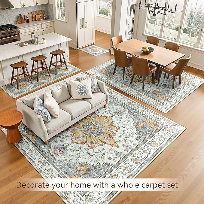 RELEANY Area Rugs 6'x9' Washable Non-Slip, Floral Vintage Distress Print Pattern Medallion Carpet for Living Room Bedroom Dining Room, Light Yellow Carbon Grey Orange