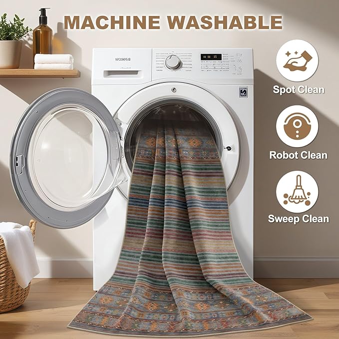 Nakagishi 6X9 Area Rugs Living Room: Washable Large Vintage Rug Neutral Non-Slip Soft Stain Resistant Indoor Carpet for Bedroom Nursery Dining Room Office Playroom - Multi Color