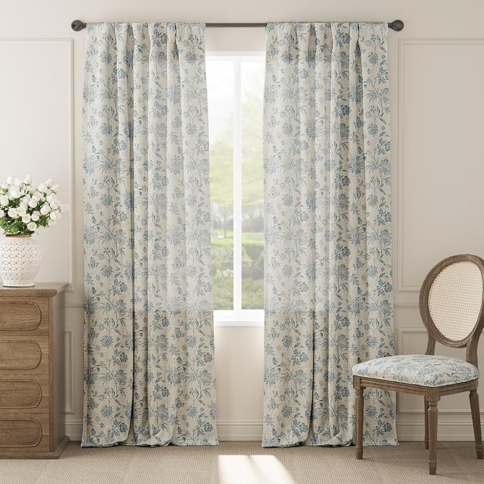 jinchan Linen Floral Curtains for Living Room with Printed Flower 108 Inches Long Light Filtering Extra Long Back Tab Rod Pocket Blue Window Curtain Set Farmhouse Drapes, 2 Panels Blue