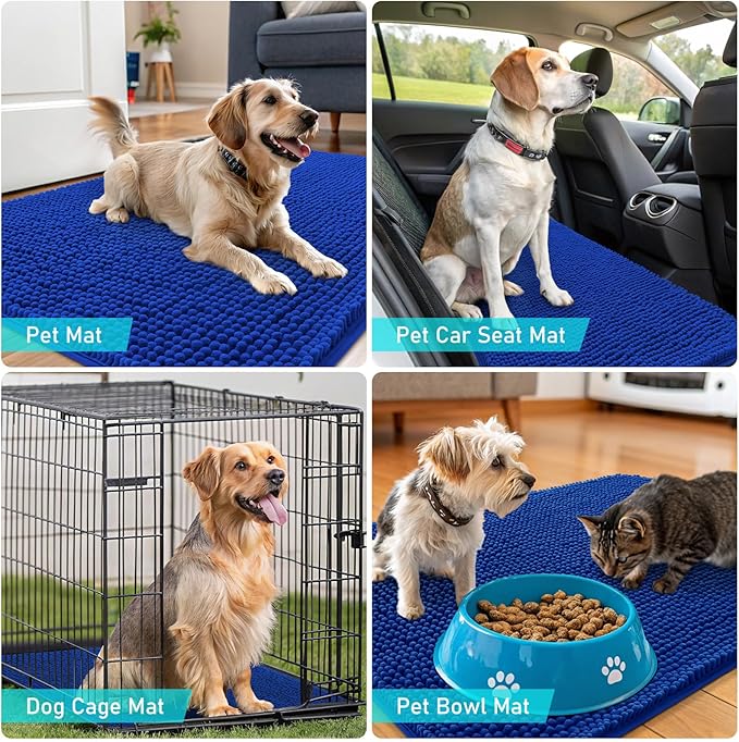 OLANLY Dog Door Mat for Muddy Paws 50x30, Absorbs Moisture and Dirt, Absorbent Non-Slip Washable Doormat, Quick Dry Chenille Mud Mat, Entry Indoor Entryway Carpet for Inside Floor, Royal Blue