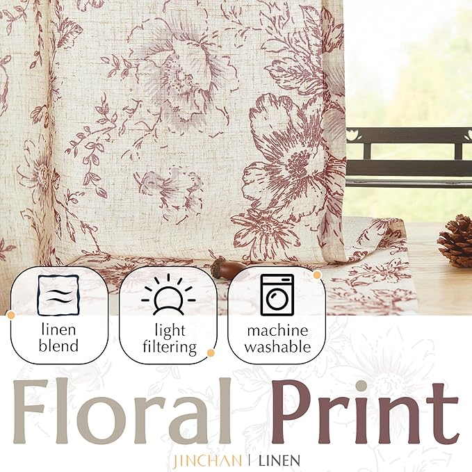 jinchan Linen Blend Curtain Floral Curtains for Living Room 54 Inch Length Farmhouse Brick Red Printed Curtain Rod Pocket Back Tab Peony Flower Patterned Drapes Curtains Set 2 Panels