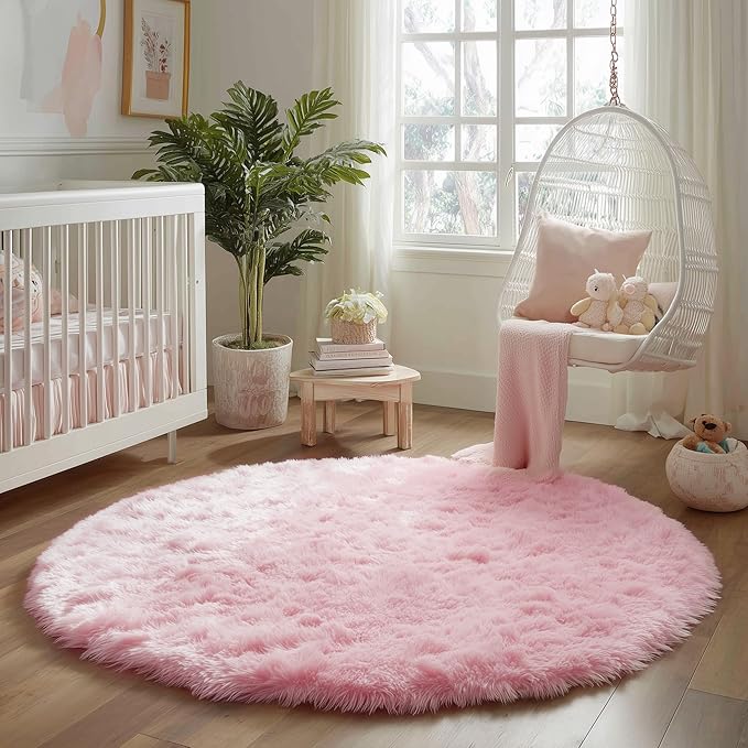 Amdrebio Light Pink Small Cute Round Rug 3Ft for Girls Bedroom, Fluffy Circle Area Rugs for Kids Room Decor Aesthetic, Shag Fuzzy Carpet for Nursery, Preppy Dorm, Classroom, Playroom, Teen, Baby