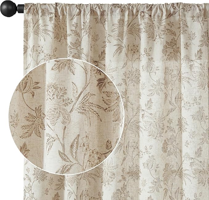 jinchan Linen Floral Curtains for Living Room with Printed Flower 96 Inches Long Light Filtering French Country Back Tab Rod Pocket Taupe Window Curtain Set Farmhouse Drapes 2 Panels Taupe