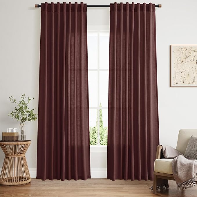 Nanspring Reddish Brown Linen Curtains 84 Inch Length 2 Panels Set for Living Room Back Tab Light Filtering Semi Sheer Curtain for Bedroom Farmhouse Drapes, 52x84 Inch, 2 Panels