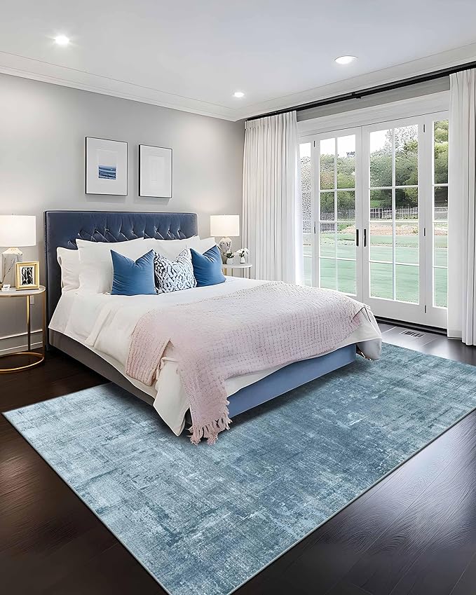 Latte&Fog 8x10 Area Rugs for Living Room, Large Blue Modern Abstract Washable Rug, Boho Non Slip Low Pile Carpet for Indoor Bedroom Dining Room, Office, Dorm, Classroom, Farmhouse and Kids Room - Blue