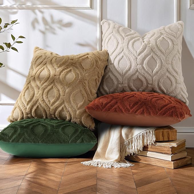 decorUhome Throw Pillow Covers 18x18 Inch Set of 2, Soft Plush Faux Wool Beige Solid Couch Pillow Covers, Accent Farmhouse Neutral Square Pillow Cases for Sofa Bed Living Room