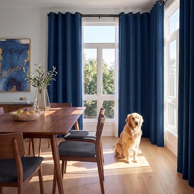 NICETOWN 100% Absolutely Blackout Linen Curtains for Bedroom Living Room, Navy Blue, 52" Wide, 2 Pieces, Privacy Vertical Thermal Insulated Window Drapes 84 inch Long for Shift Workers