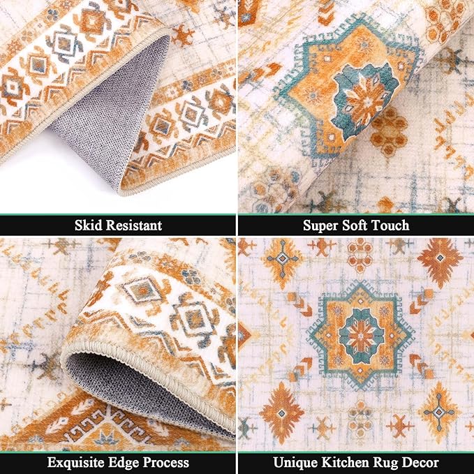 HEBE Boho Kitchen Rug Sets 3 Piece with Runner Non Slip Kitchen Rugs and Mats Washable Kitchen Mats for Floor Thick Kitchen Floor Mat Carpet Runner Rugs for Hallway Laundry Holiday Decor