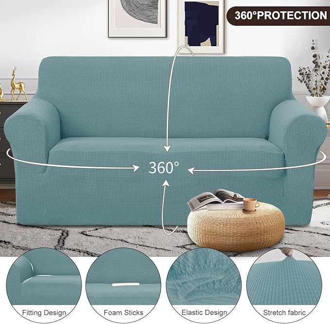 U-NICE HOME Oversized Stretch Loveseat Couch Cover Sofa Covers Washable Sofa Slipcover Furniture Protector for 2 Cushion Couch Sofa Pet Friendly, Light Blue