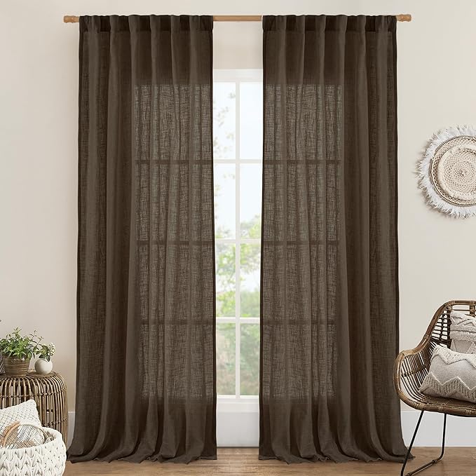 LAMIT Dark Brown Sheer Linen Curtains, 96 inch Light Filtering Semi Sheer Panels Back Tab and Rod Pocket Farmhouse Drapes for Bedroom/Living Room, 2 Panels, 52 x 96 Inch