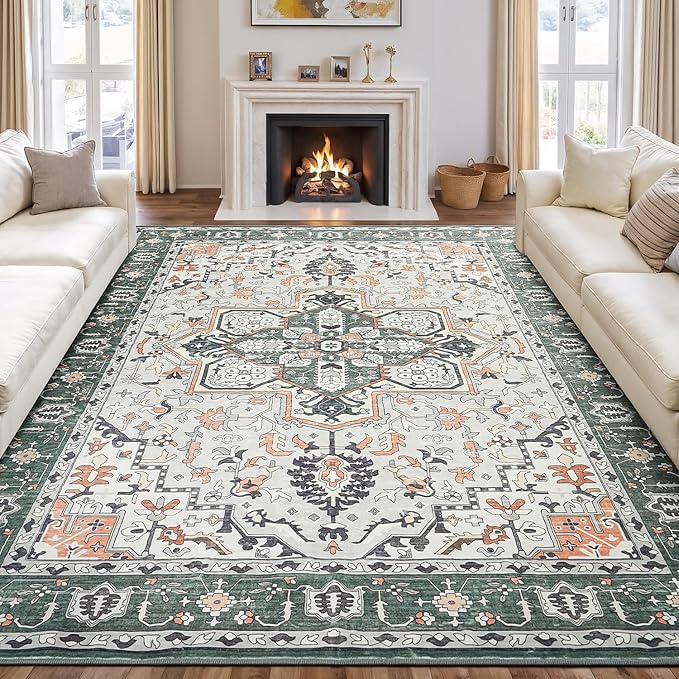 Rugflix 8x10 Area Rugs for Living Room, Washable Rug, Soft Low Pile Carpet, Non-Slip, Stain Resistant, Vintage Area Rug, Sage Green Rug for Bedroom, Dining Room, Home Office