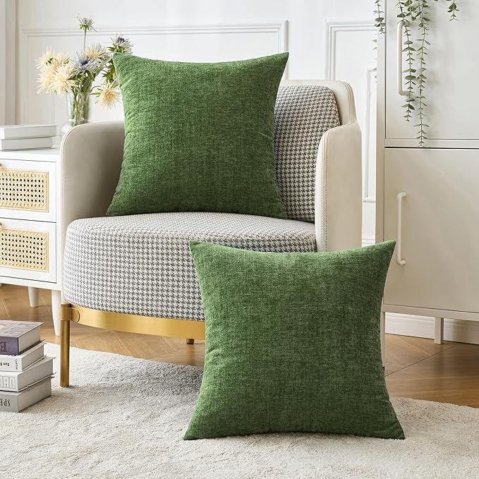 MIULEE Pack of 2 Couch Throw Pillow Covers 20x20Inch Soft Moss Green Spring Chenille Pillow Covers for Sofa Living Room Solid Dyed Pillow Cases