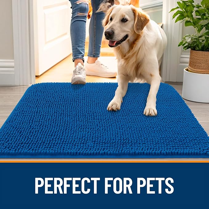 OLANLY Dog Door Mat for Muddy Paws 59x35, Absorbs Moisture and Dirt, Absorbent Non-Slip Washable Doormat, Quick Dry Chenille Mud Mat, Entry Indoor Entryway Carpet for Inside Floor, Deep Navy Blue
