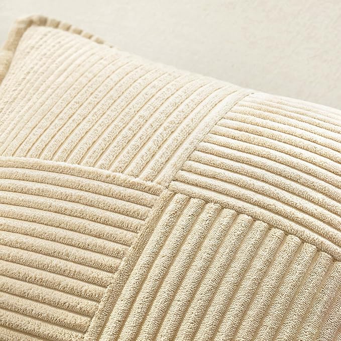 MIULEE Decorative Throw Pillow Covers for Couch Bed Livingroom 16x16 Inch Set of 2 Cream Boho Accent Throw Pllows Broadside Striped Patchwork Soft Corduroy Pillowcases