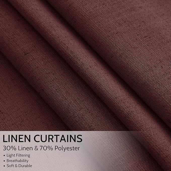Nanspring Reddish Brown Linen Curtains 84 Inch Length 2 Panels Set for Living Room Back Tab Light Filtering Semi Sheer Curtain for Bedroom Farmhouse Drapes, 52x84 Inch, 2 Panels