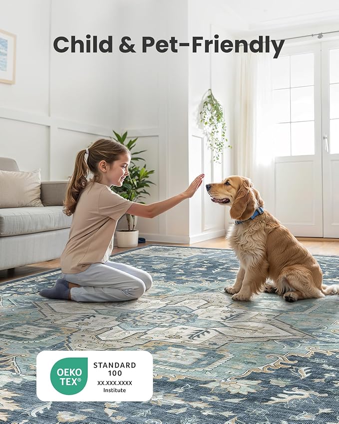 AMADA HOMEFURNISHING 2'6"x10' Washable Area Rug, Low-Profile Entryway Rug with Non-Slip Backing & Durable Edge Binding, Vintage Rug Pattern, Small Rugs for Entryway, Kitchen & Living Room