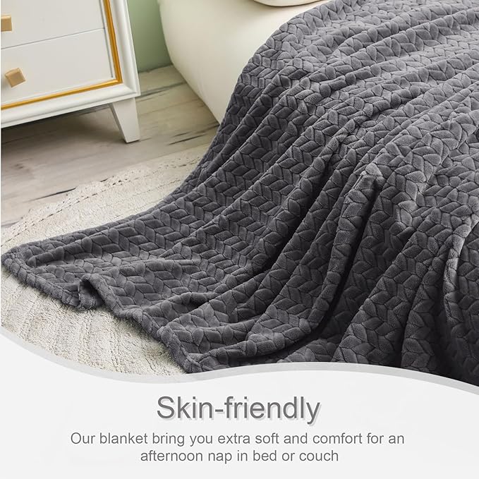 Exclusivo Mezcla Dark Grey Fleece Throw Blanket for Couch and Bed, 50x70 Inches Soft Cozy 3D Decorative Jacquard Flannel Blankets, Lightweight Fuzzy Plush Warm Throws for All Seasons