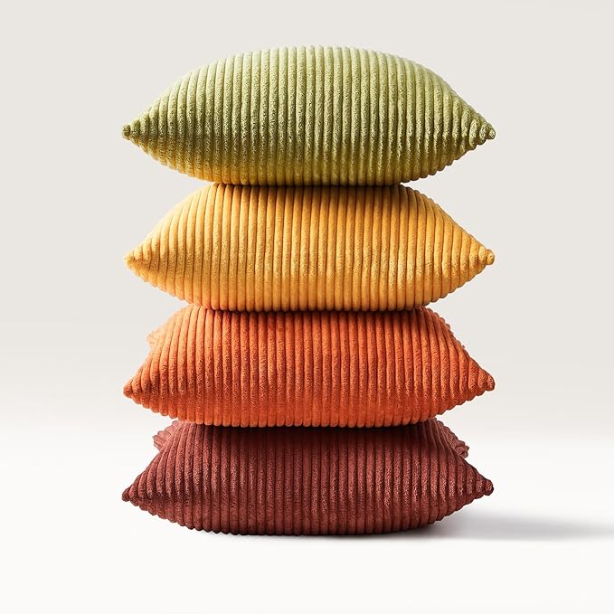Topfinel Throw Pillow Cover 4pc Set - Multi Yellow Burnt Orange Combo - 22" x 22" Solid Cozy Corduroy Square Accent Decorative Cushion Case for Couch Sofa Chair Bed