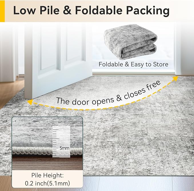 Washable Area Rugs 2'x8' Non-Slip Modern Abstract Soft for Living Room Entryway Bedroom Nursery, Print Pattern, Gray White Grey