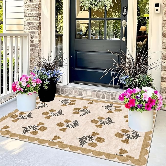 3x5 Floral Entry Rug - Small Washable Indoor Outdoor Mats for Front Door Non-Slip Porch Rug Beige Vintage Farmhouse Throw Rugs for Living Room Bedroom Entryway Kitchen Office Porch Decor