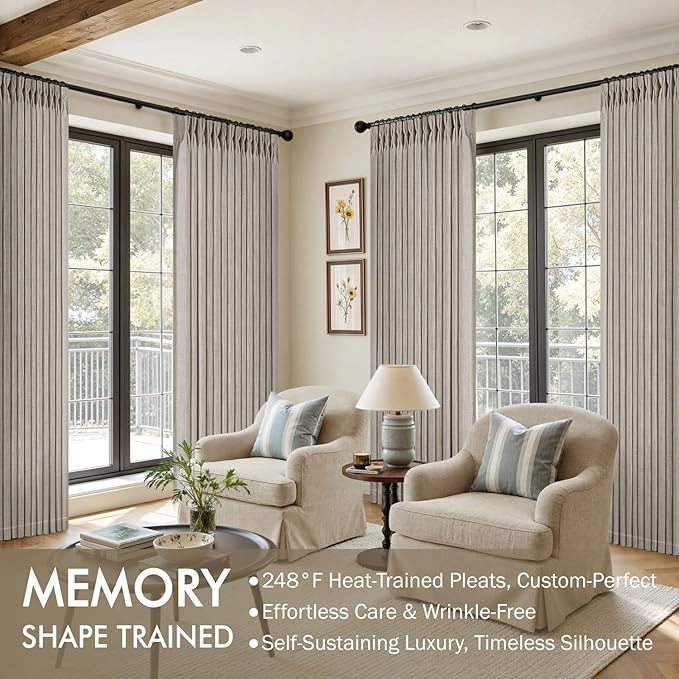 MIULEE Pinch Pleated Thick Linen Curtains 96 Inches Long 2 Panels for Living Room Bedroom, Memory Trained Pleat Drapes Light Filtering Taupe Semi Sheer Window Curtains Hooks Rings Back Tab
