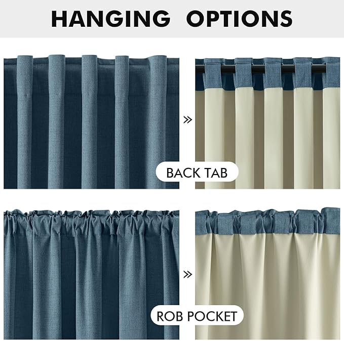 MIULEE 100% Blackout Linen Curtains for Bedroom, Stone Blue Solid Luxury Decor Thermal Insulation Room Darkening Drapes for Living Room Nursery Back Tab Rod Pocket 42 x 63 Inches, 2 Panels