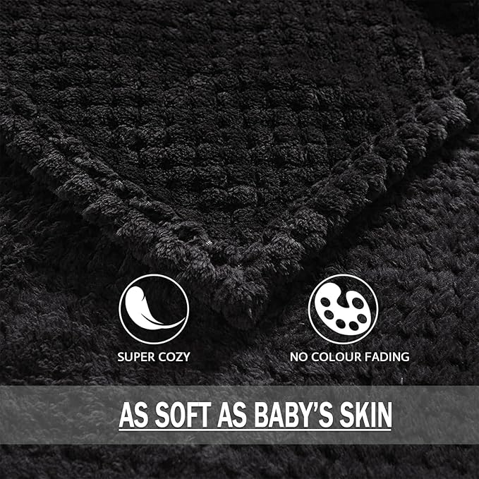 Exclusivo Mezcla Fleece Bed Blanket Queen Size, Super Soft and Warm Blankets for Couch, Sofa and Bed Waffle Textured, Cozy, Fuzzy and Lightweight (Black, 90x90 Inches)