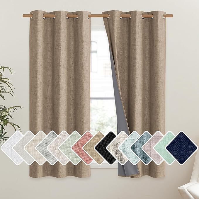 NICETOWN Burlap Vintage Open Linen Weave Flax Thermal Curtains, 100% Blackout Curtains 54" Long for Dining Room, Soundproof Window Treatment Drapes for Kitchen, 42" Wide Per Panel, Set of 2