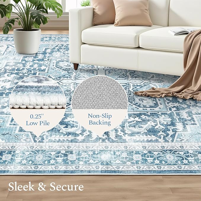 Rugflix 5x7 Area Rugs for Living Room, Machine Washable Rug Non Slip Stain Resistance, Large Rug Vintage Distressed Soft Carpet for Bedroom, Dining Room, Home Office, Blue