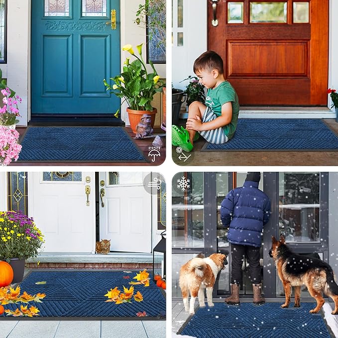 Smiry Front Door Mat Outside Entrance, Heavy Duty Sturdy Natural Rubber Doormat, Trap Dirt and Moisture, Easy Clean Low Profile Welcome Floor Mats for Indoor Outdoor Entry, 35X23 Inch, Medium Blue