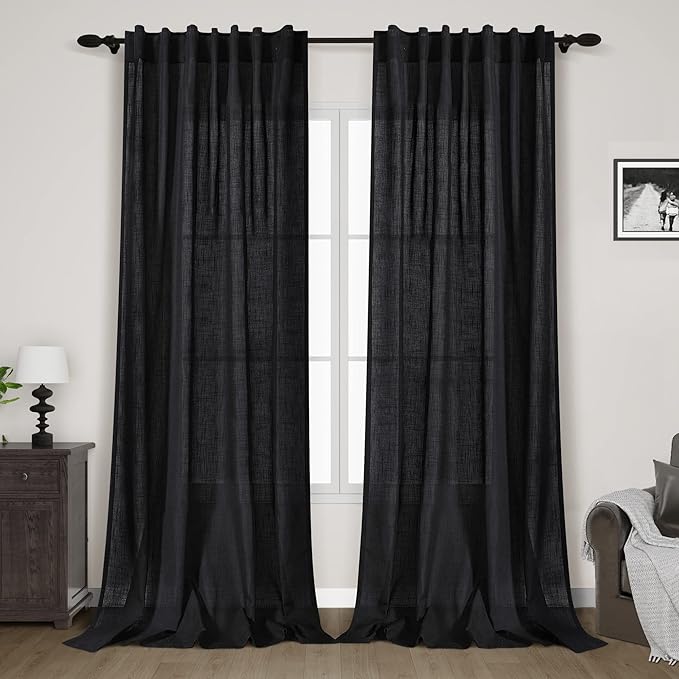Black Linen Curtains 144 inch Extra Long for Living Room Back Tab Light Filtering Semi Sheer Drapes Modern Farmhouse Muslin Look Decor Cotton Textured Curtain for Floor to Ceiling Window 12 FT