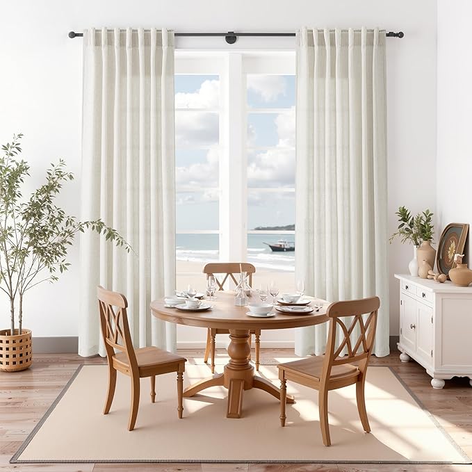 Nanspring Mousse White Linen Curtains for Living Room 72 Inches Long Luxury Light Filtering Semi Sheer Curtain Back Tab Simple Modern Elegant Coastal Decor Drapes for Bedroom Office 52x72, 2 Panels