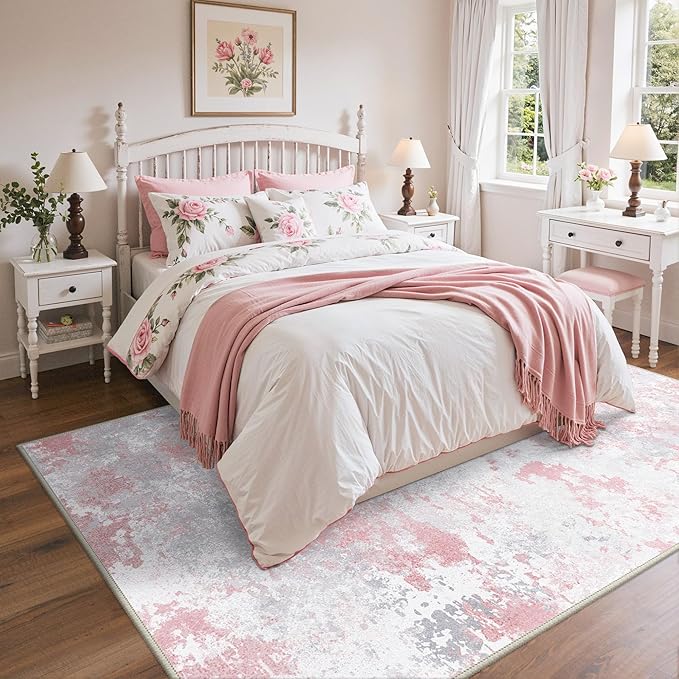 Area Rugs 5x7 for Living Room Bedroom, Modern Abstract Machine Washable Rug, Large Soft Low Pile Floor Carpet with Non Slip Backing for Dining Room, Light Pink