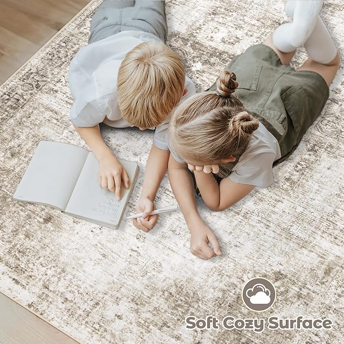 Area Rug 3x5 Washable Rug, Vintage Boho Medallion Entryway Rug Non-Slip Soft Low Pile Small Distressed Floor Carpet Retro Doormat for Kitchen Bedroom Laundry Bathroom Hallway (Taupe, 3'x5')