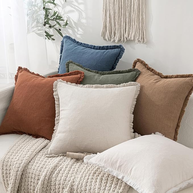 MIULEE Decorative Throw Pillow Covers Neutral Linen Fringe Throw Pillows Set of 2 Blue Ashes Boho Farmhouse Cushion Covers with Tassels for Couch Sofa Bed Spring Home Decor 24x24 Inch