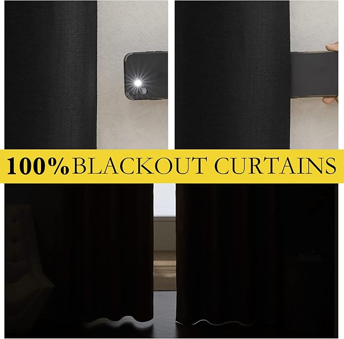 NICETOWN Vintage Open Linen Weave Flax Thermal Curtains, 100% Blackout Curtains 84 inches Long for Dining Room, Soundproof Window Treatment Drapes for Hall Room, Black, 42" Wide Per Panel, Set of 2