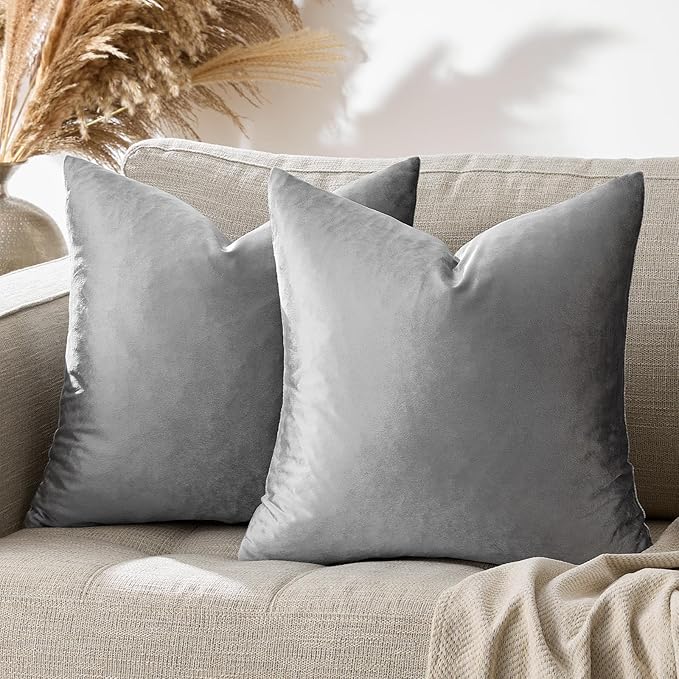 GIGIZAZA 16x16 Velvet Small Pillow Covers,Set of 2 Dark Grey Throw Pillows Modern Covers for Living Room Decorative Luxury Solid Couch Sofa Square Pillow Cases