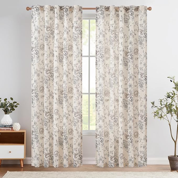 jinchan Linen Blend Curtain Floral Curtains for Living Room 84 Inch Length Black Printed Curtain Rod Pocket Back Tab Farmhouse Peony Flower Patterned Drapes Bedroom Window Curtains Set 2 Panels