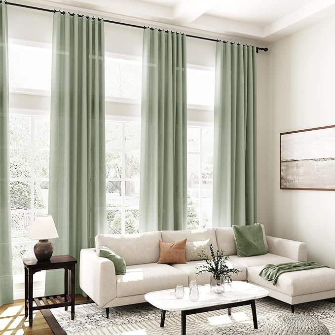 Desert Sage Linen Curtains 90 Inch Long 2 Panels Set for Bedroom Living Room Linen Textured Window Drapes Semi Sheer Light Filtering Rod Pocket Back Tab Cotton Textured Farmhouse Curtain 52x90