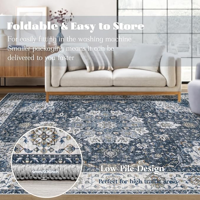 Area Rug 6x9 Washable Rug, Vintage Boho Medallion Rugs Non-Slip Soft Low Pile Large Distressed Rug Indoor Retro Carpet for Living Room Bedroom Dining Room Home Office (Vintage Blue, 6'x9')
