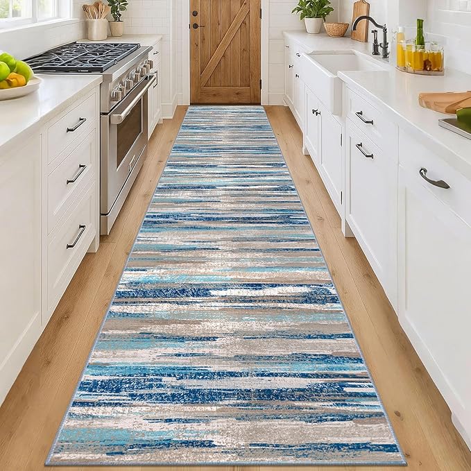 Lansny Modern Abstract Runner Rug 3x16, Blue Washable Long Kitchen Runner Non-Slip Soft Hallway Rug Runner Ultra Thin Print Faux Wool Carpet for Entryway Bedroom Laundry Room Indoor Home Decor