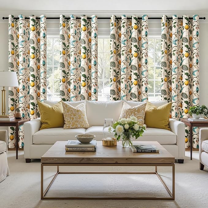 Topfinel Floral Curtains 90 Inches Long 2 Panels Unique Natural Beige Luxury Elegant Colorful Euro Flower Hummingbird Patterned Rustic Vintage Grommet Drapes for Classroom Room Office Closet 52x90