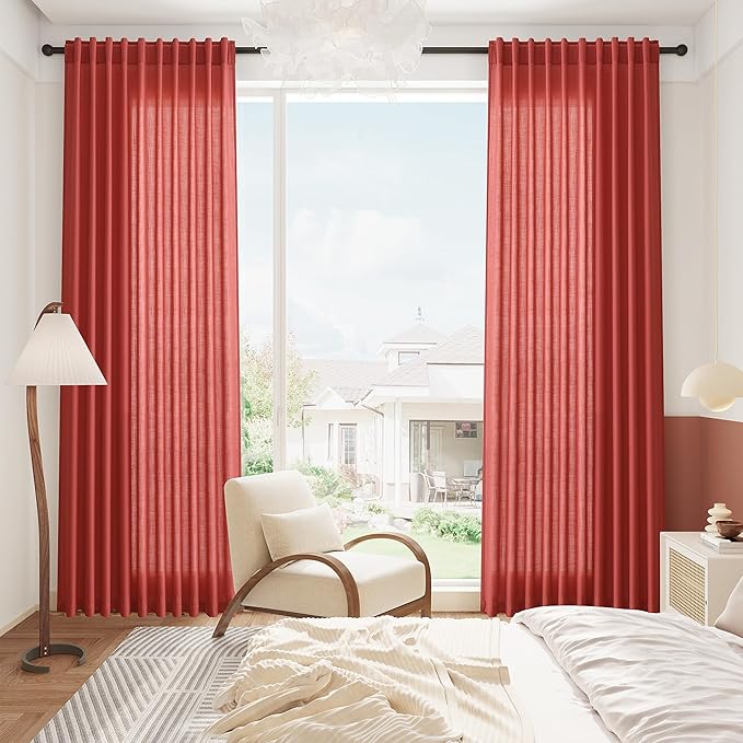 Christmas Red Linen Curtains 72 Inches Long for Living Room Light Filtering Semi Sheer Curtain Back Tab and Rod Pocket Vintage Rustic Luxury Home Decor Neutral Drapes for Bedroom 52x72, 2 Panels