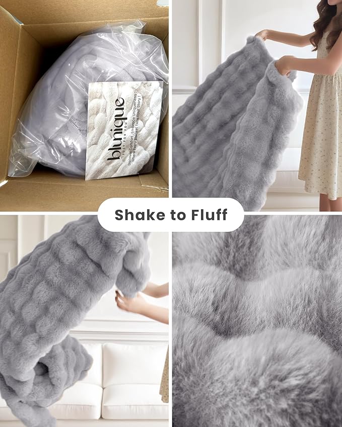 Ultra Soft Cozy Faux Fur Throw Blanket, Fuzzy Plush Thick Bubble Blanket, Oversize Luxury Fluffy Blanket for Couch, Bed, and Living Room, 60x80 Inches, Light Grey