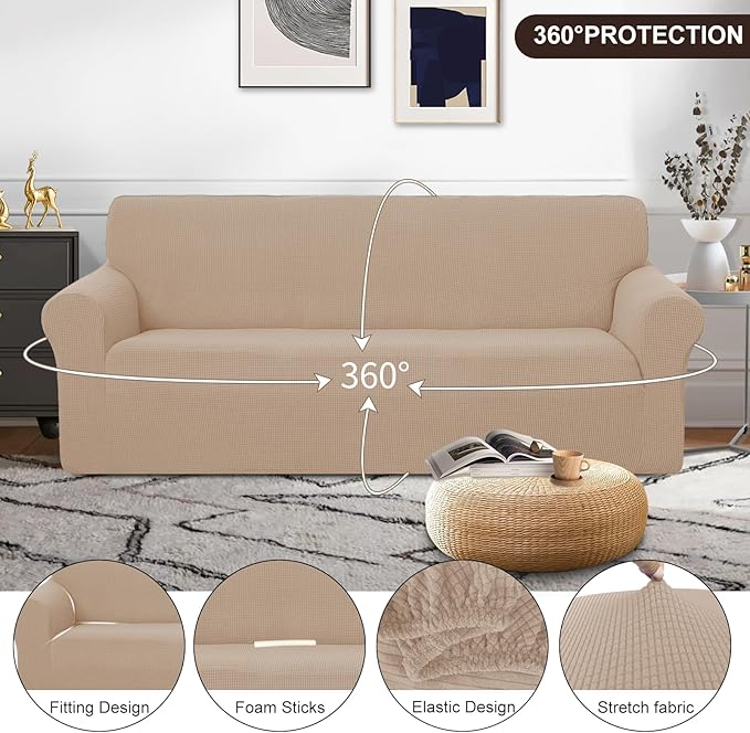 U-NICE HOME Stretch Couch Cover Sofa Covers for 3 Cushion Couch Slipcover with Elastic Bottom Furniture Protector for Dogs, Spandex Jacquard Soft Fabric (Large, Camel)