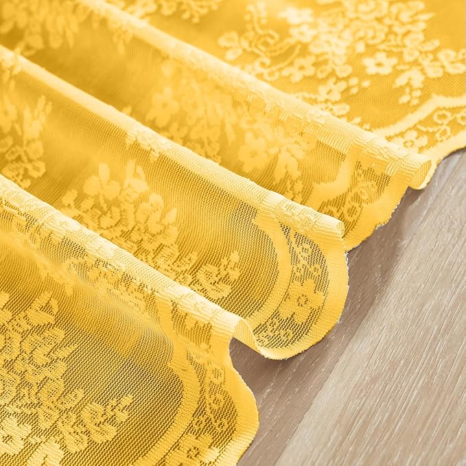 YJ YANJUN Vintage Lace Curtains Short - Mustard Yellow Floral Boho Cafe Curtains 30 Inch Length Sheer Coffee Cabinet Curtain Panels for Kitchen Bathroom Basement Retro Fall Decor Gold W26xL30 Inch