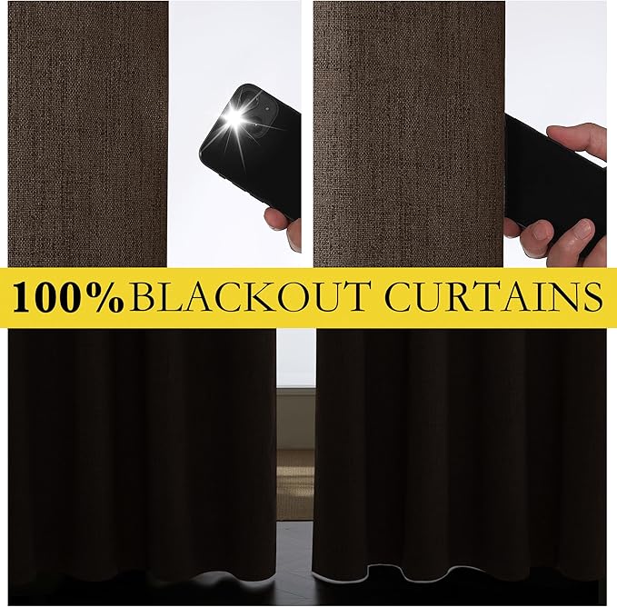 NICETOWN Coffee Vintage Linen 100% Blackout Curtains for Living Room, Thermal Insulated Curtains 95" Long, Noise Reducing Window Treatment Drapes for Bedroom, 52" Wide Per Panel, Set of 2